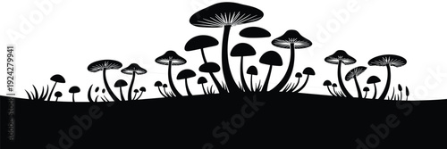 Mushroom silhouette border, forest fungi landscape, grass ground decoration, nature banner design, woodland illustration, flat vector illustration