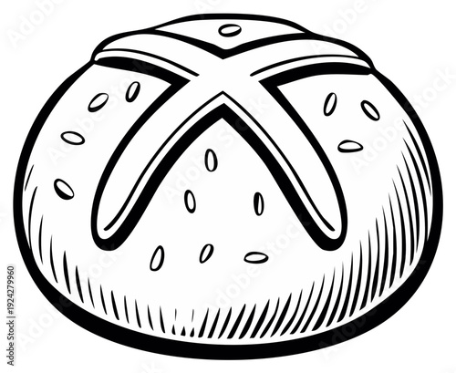 Freshly baked bread roll with cross decoration and sesame seeds, vector illustration.