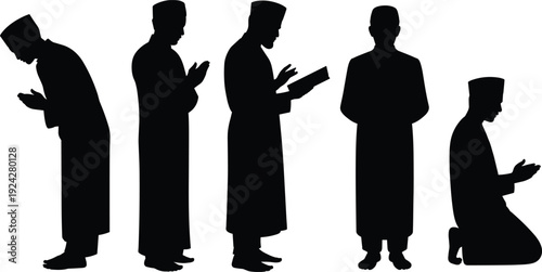 Muslim, prayer, silhouettes, man, islamic, worship, dua, namaz, mosque, faith, religion, believer, quran, devotion, spiritual, illustration, vector, isolated, set, collection