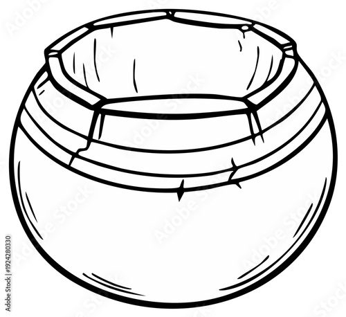 Black and white illustration of a rustic round pot or ancient earthenware vessel