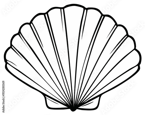 Simple black outline drawing of a classic scallop seashell ideal for beach designs and summer concepts.