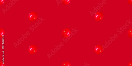 Seamless pattern of fresh cherry tomatoes on a vibrant red background. Minimal monochrome food design