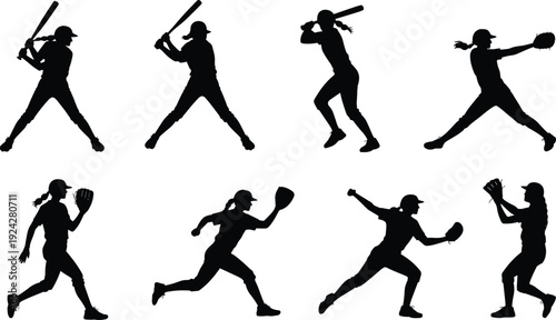 Softball, silhouettes, players, batting, pitching, catching, running, sport, athlete, female, team, game, action, training, competition, uniform, vector, illustration, isolated, set
