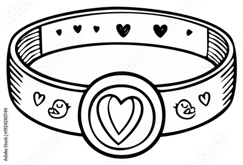 Hand drawn illustration of a ring with hearts and birds for jewelry or engagement concepts