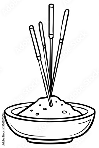 Incense sticks in a bowl with sand monochrome line art. Burning incense for aromatherapy and relaxing illustration.