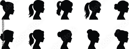 Woman, profile, silhouettes, hairstyle, ponytail, bun, female, head, avatar, beauty, salon, fashion, portrait, illustration, vector, isolated, set, collection, icons, faces