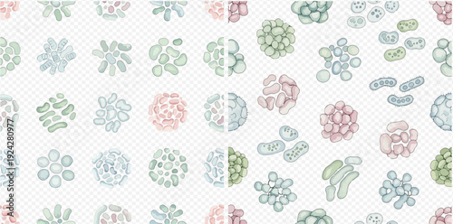 Seamless pattern illustration of various bacteria, microbes, and germs in a hand-drawn style.