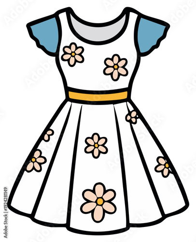Cartoon dress with floral pattern, short sleeves, and yellow belt