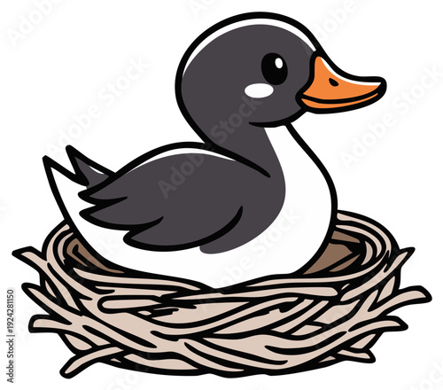 Cute cartoon duck with an orange beak sits in a brown bird nest adorable illustration
