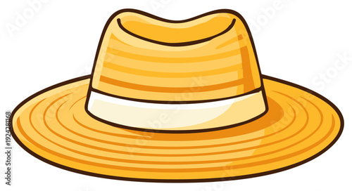 Illustration of straw hat with white band for summer adventures, tropical vacations, outdoor fashion