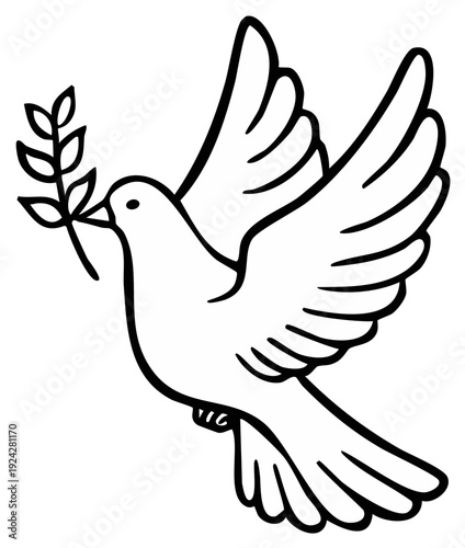 Simple black and white illustration of a flying dove holding an olive branch symbol of peace