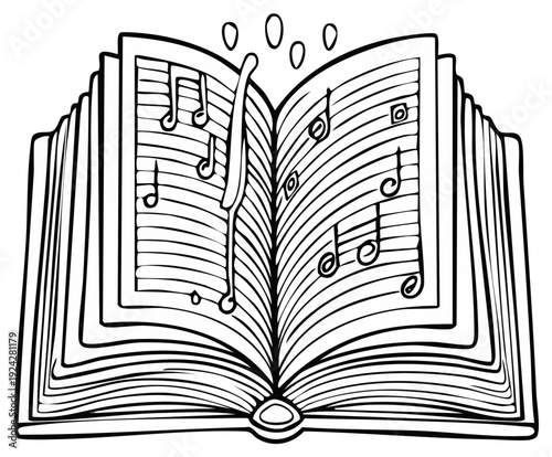 Open Music Book with Musical Notes and Symbols Black and White Illustration