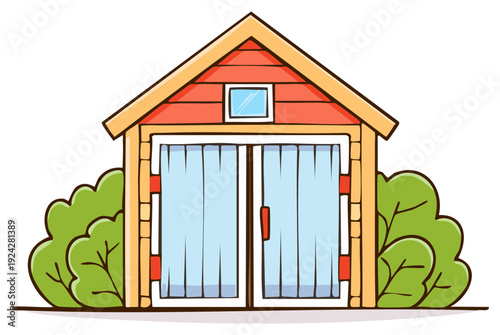 Charming cartoon garage with red siding, double doors, trim, and green shrubs on a neutral base adding a playful, cheerful touch.