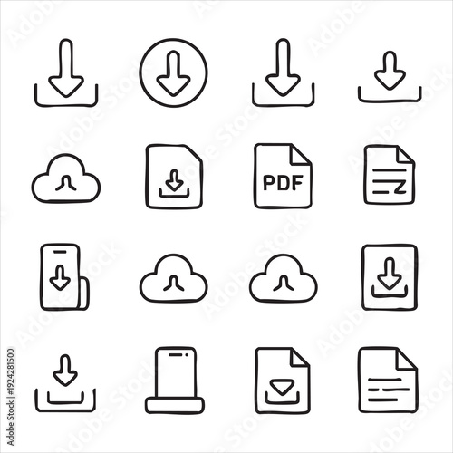 Hand drawn download icons and cloud upload symbols for digital file transfer vector
