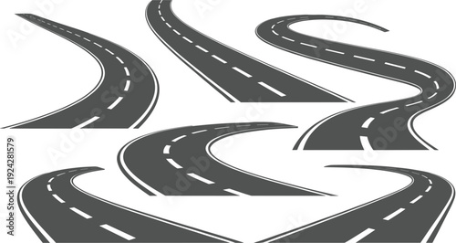 Set of Winding Asphalt Roads with White Dashed Lines on White Background highway street