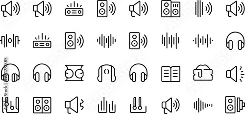 Audio, sound, music, engineering line icons set, headphones, microphone, speaker, sound wave, audio mixer, volume control, multimedia, cable illustration