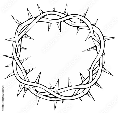 Hand drawn illustration of a crown of thorns made of twisted branches and sharp spikes