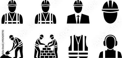 Construction worker icons, safety gear silhouettes, occupational roles illustration, hard hat figures, building site clipart, protective equipment vector, industrial staff design