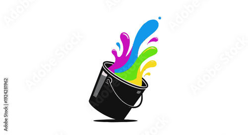Colorful paint splashing from a black bucket.