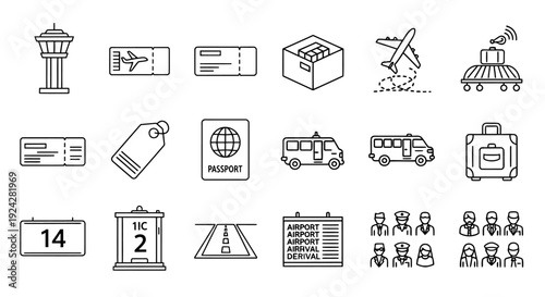 Travel and tourism related icons set in simple line style.