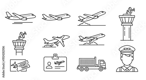 Air travel and airport operations icons set.