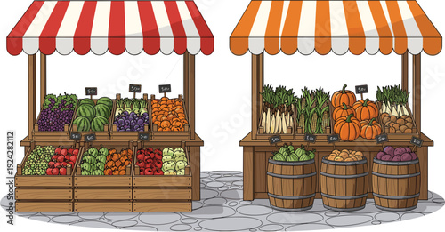 Outdoor Farmers Market Stall Vector Set with Striped Awnings Fresh Vegetables in Wooden Crates and Fruits in Barrels for Local Business and Organic Food Retail Illustrations