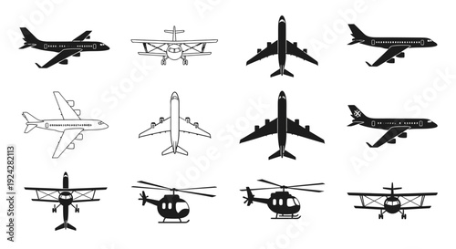 Collection of Various Airplane and Helicopter Silhouettes.