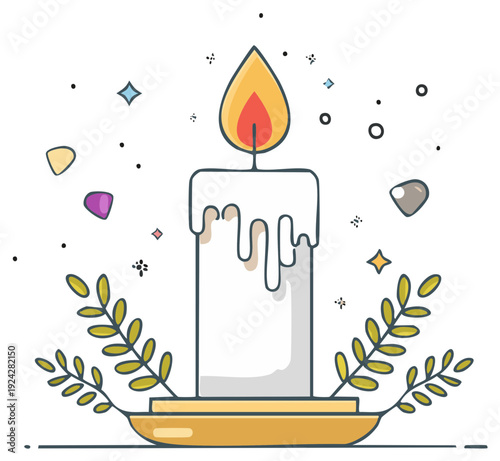 Candle burning with melted wax and decorative leaves and crystals symbolizing magic