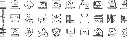 Professional cyber security and technology icon set featuring cloud computing, data protection shields, network server monitoring, laptop interface and software programming