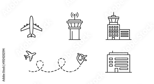 Simple line icons representing airport elements and airplane journey.