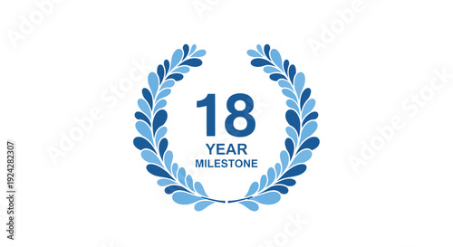 Blue laurel wreath celebrating 18 year milestone achievement.