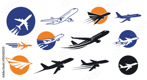 Collection of airplane icons in various styles and colors.