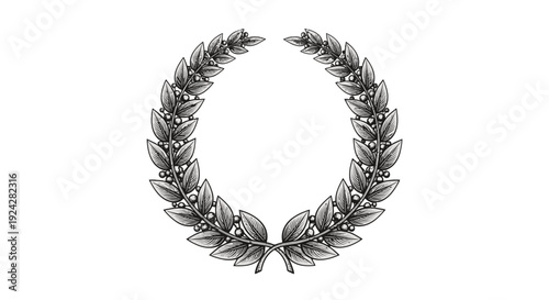 Black and white laurel wreath illustration on white background.