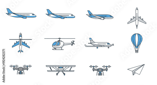 Collection of Various Aircraft and Flying Vehicles Illustrations.