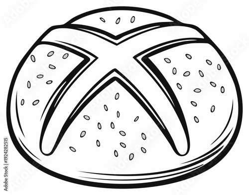 Freshly baked bread roll with cross decoration and sesame seeds