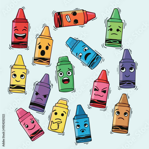 Create kinds of Colorful crayon emoji faces in doodle style. Hand drawn cartoon emoticons with different moods and feelings