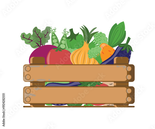 Colorful fresh vegetables in a wooden box, vegetarianism, vegetables in a box