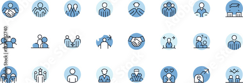 Business teamwork collaboration icons set, human connection communication leadership partnership community support networking flat vector blue outline collection design pack