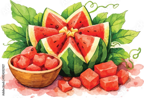 Watermelon Flower Wedges with Cubes Bowl Watercolor Illustration