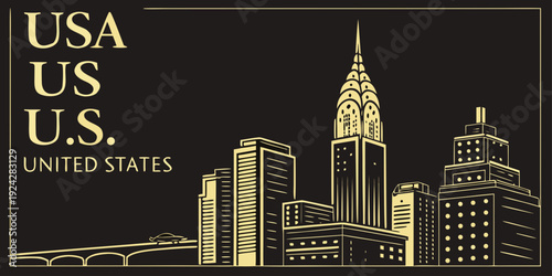 USA Black & Gold Luxury NYC Night Skyline SVG – Premium United States Vector, Glowing Windows and Elegant Serif Typography for Wall Art, Apparel, and Printable Design