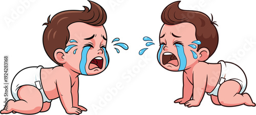 Vector illustration of two sad crying baby characters with large blue tears wearing white diapers isolated on white