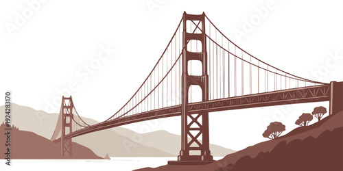 USA Flat Vector Golden Gate Bridge SVG – Minimal United States San Francisco Illustration with Fog Overlay, Muted Red and Gray Palette for Wall Art, Apparel, and Print