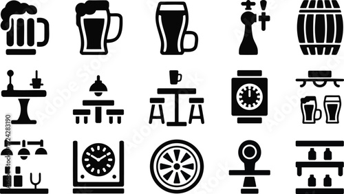 Black and white icons of bar and restaurant objects and food and drink items in flat style  isolated on white background