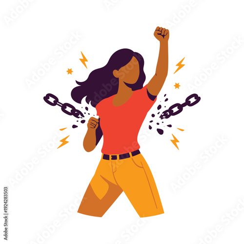 Strong empowered woman breaking free from chains and success