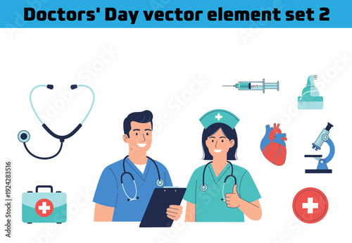 Doctors day characters and equipment vector set two