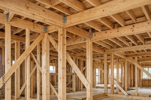 Obraz na płótnie 木造住宅の建築現場で組み上げられた新しい柱と梁が美しい構造躯体の屋内写真