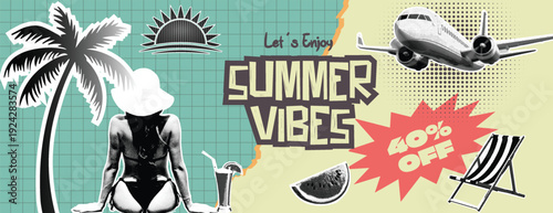 Retro vintage pop art comic style halftone collage travel agency banner for summer holiday vacation banner Vintage summer vibes travel poster with palm tree airplane beach chair and watermelon design