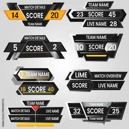 A collection of modern scoreboard templates for sports and gaming events with team names and live scores
