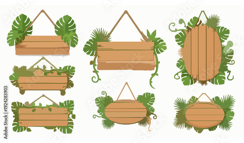 Tropical Wooden Hanging Sign Boards Vector Set with Monstera Leaves and Jungle Vines for Game UI