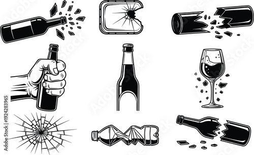 Broken glass and crushed plastic waste icons set featuring shattered wine bottles, beer glass, cracked window panes, smashed alcohol containers, and recycling. (22 words)